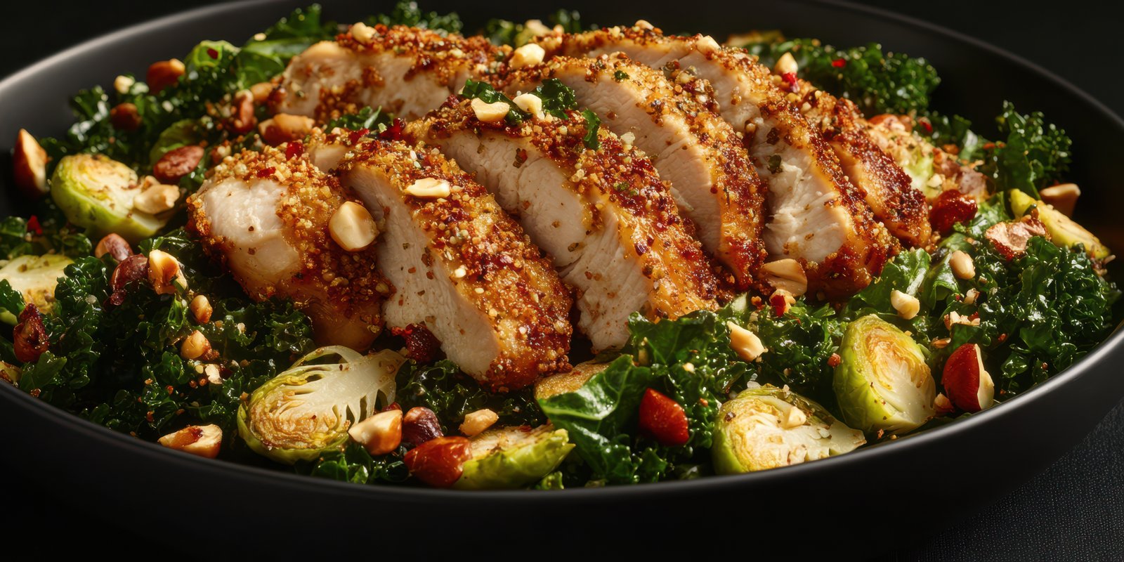 Healthy salad with grilled chicken, kale, and roasted Brussels sprouts served on a black plate